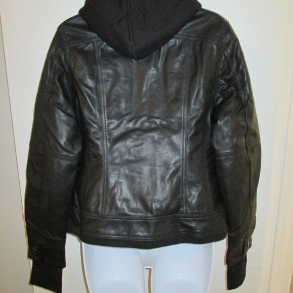 Black Bomber Leather Jacket with Removable Hood NEW Sz M - Picture 4 of 11